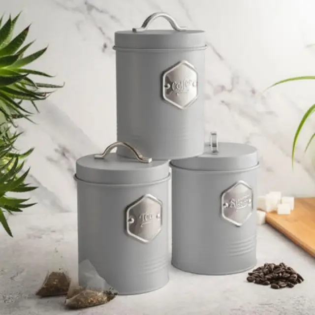 Cooks Professional 3 Piece Tea Coffee Sugar Cannister Set - Labelled Kitchen Storage Tins With Airtight Lids - Grey & Silver