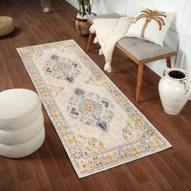 Livabliss Vintage Oriental Boho Yellow Sonam Runner Rug 80 X 220 Cm - Easy Care, Non Shedding, Ideal For Hallway Or Beside The Bed