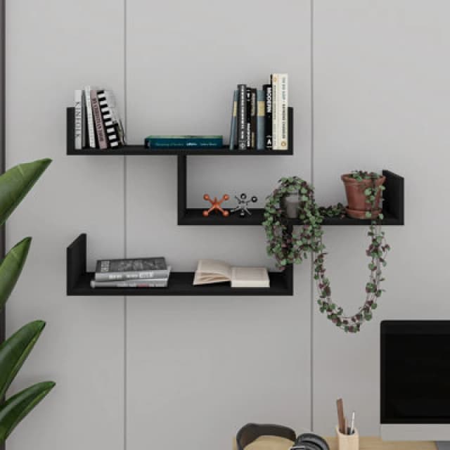 Decortie Modern Tibet Wall Mounted Shelf Display Unit Black Wood W 119Cm Wide