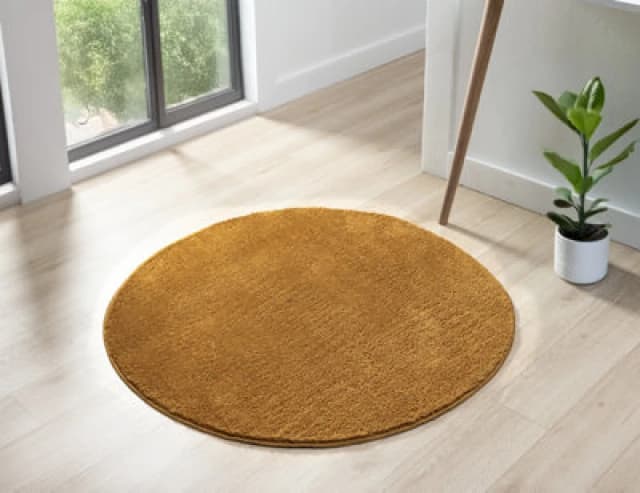 Comfy Washable Low Pile Living Room Area Rug - Anti Slip Felt Backing Gold 100Cm Diameter