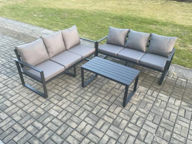 Fimous Aluminium 3 Pieces Outdoor Garden Furniture Lounge Sofa Set with Oblong Coffee Table Dark Grey Dark Grey Unisex