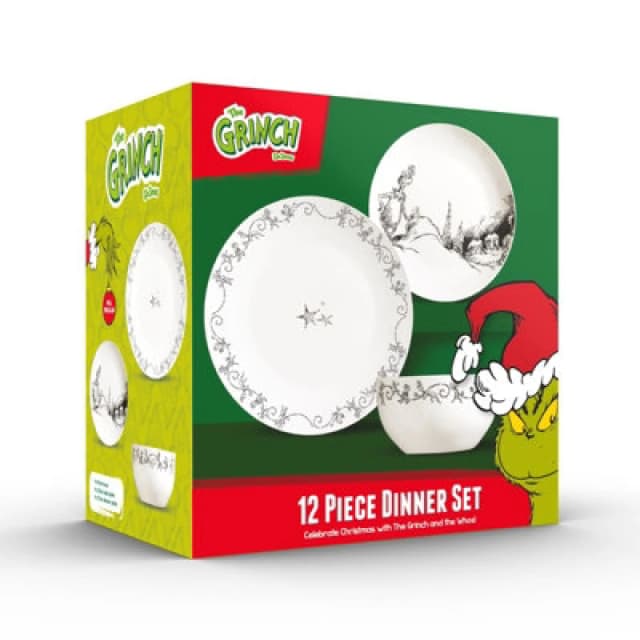 The Grinch 12Pc 4 Place Porcelain Dinner Set Plates & Bowls Christmas Dinnerware