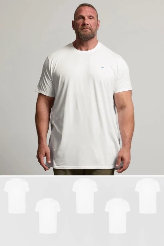 BadRhino Mens 5 Pack Extra Long T-Shirts in White Size: 4XL White Male 4XL