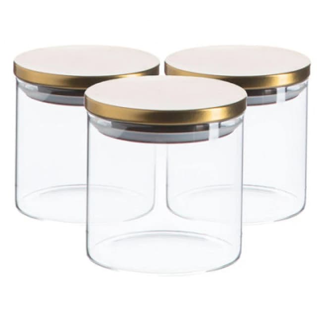 Argon Tableware Glass Storage Jars - Gold Lid - 550Ml - Modern Round Scandi Organisation Container Glass Jar - Set Of 3