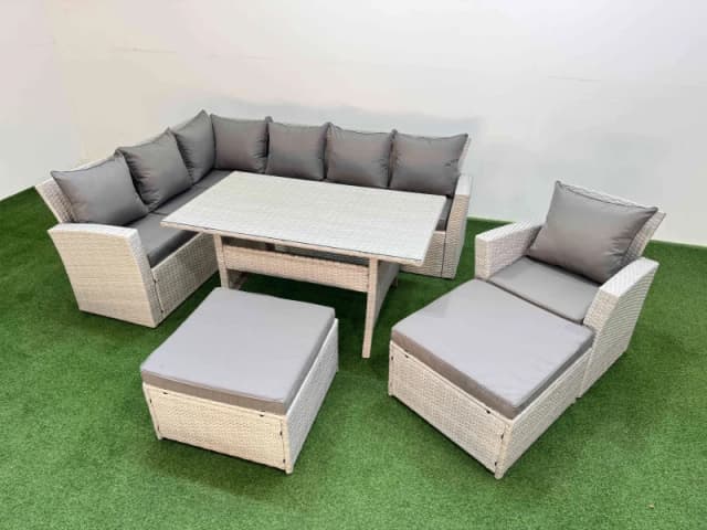 Fimous 9 Seater Rattan Garden Furniture Set with Dining Table Chair Footstool in Light Grey Light Grey Unisex