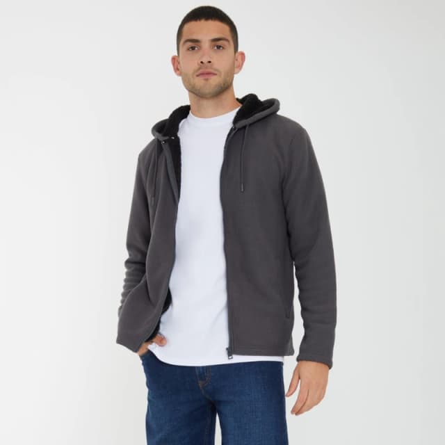 Threadbare 'Sugarland' Waffle Texture Sherpa Lined Zip Through Hoodie Dark Grey