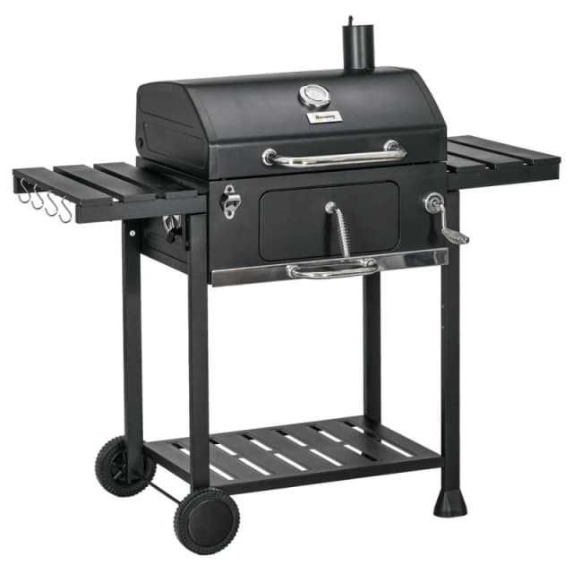 Outsunny Charcoal BBQ Grill Smoker Trolley with Shelves, Bottle Opener Black