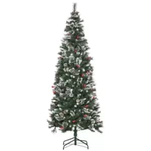 Snow Tipped Slim Artificial Christmas Tree with Red Berries and Pine Cones 7ft, Green