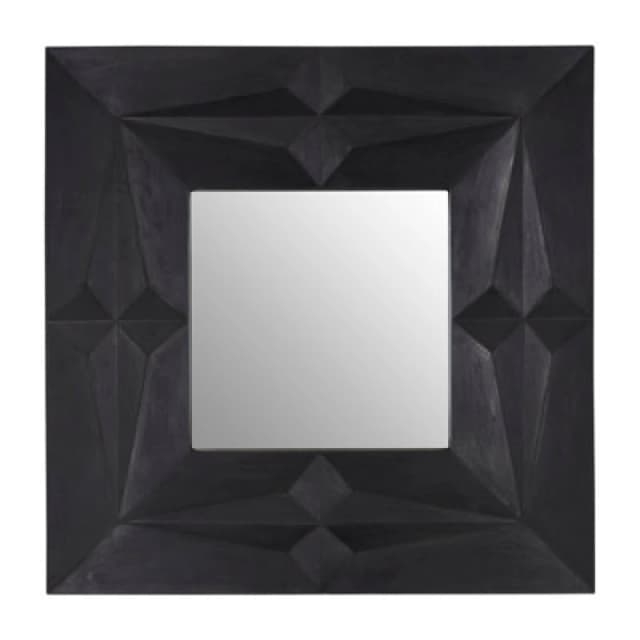 Orsina Square Wall Mirror With Black Finish, Carved Mango Wood Frame With Geometric Design, Sustainable