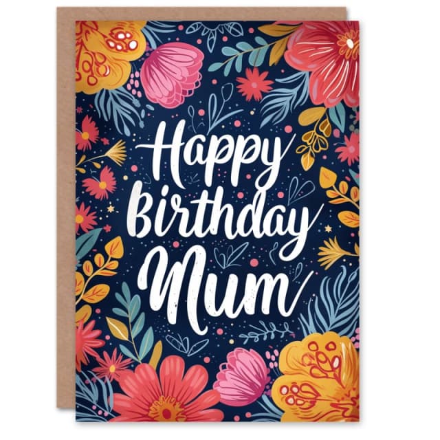 Artery8 Birthday Card Floral Border Design Flower Blooms For Mum Mam Mother Mummy Greeting Card Dark Blue female
