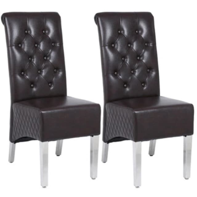 Modernique A Pair Brown Leather Aire High Tuffted Knocker & Stud High Back Dining Chairs With Solid Chrome Legs