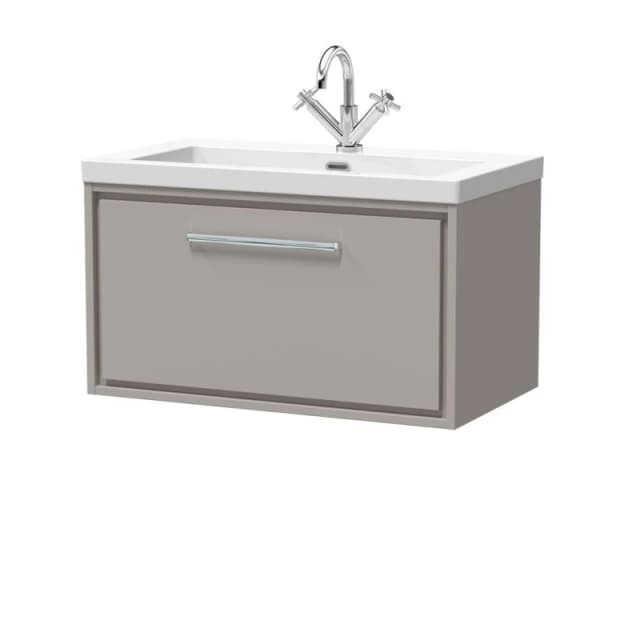 Balterley Modern Bathroom 1 Soft-Close Drawer Wall Hung Vanity Unit Fireclay Basin, Pebble Grey, 800mm