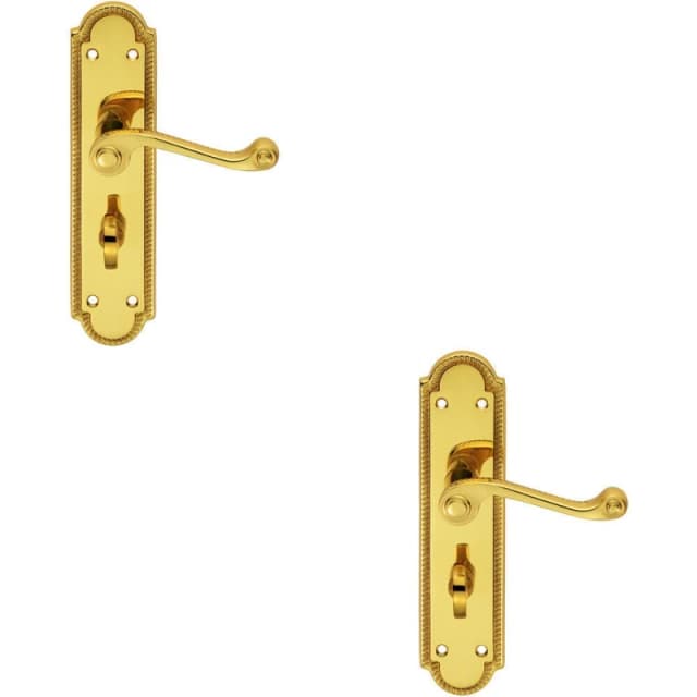 Loops 2x PAIR Reeded Scroll Lever on Shaped Bathroom Backplate 205 x 49mm Brass Metallics