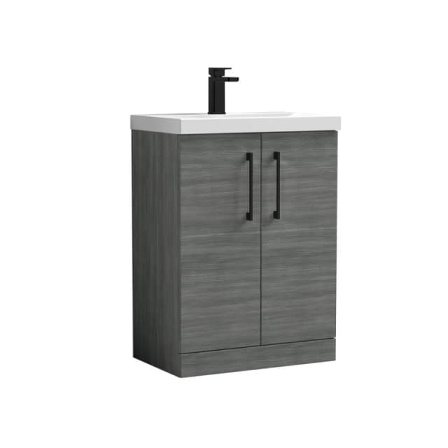 Balterley Level Contemporary Bathroom Floor Standing 2-Door Vanity Unit & Mid-Edge Basin, Anthracite Woodgrain, 600mm