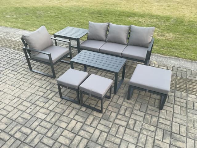 Fimous Aluminium 7 Pieces Garden Furniture Sofa Set with Cushions 7 Seater Outdoor Patio Set with Armchair 3 Footstools Side Table Dark Grey Dark Grey