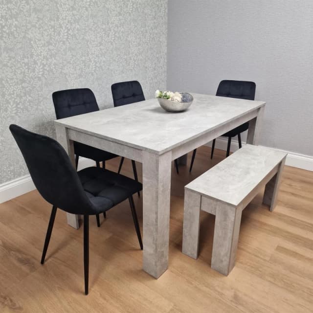 KOSY KOALA Kosy Koala - Dining Table and 4 Chairs With Bench Stone Grey Effect Wood Table 4 Black Velvet Chairs Dining Room Stone grey 140 + 4 Black r