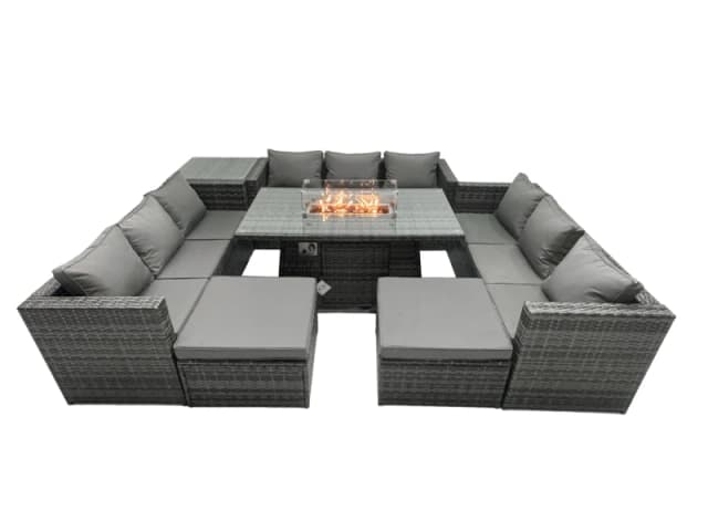 Fimous Rattan Garden Furniture Firepit Set Outdoor 10 Seater Patio Dining Sets with Glass Top Dining Table Side Tables Dark Grey