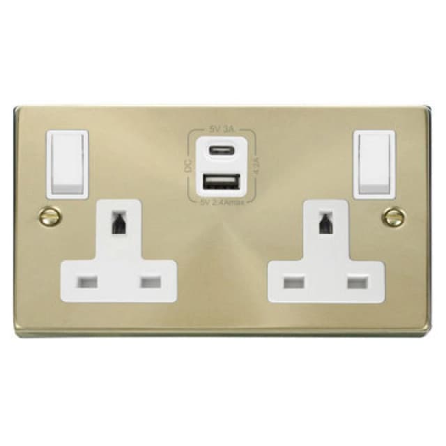 SE Home Satin / Brushed Brass 2 Gang 13A Type A & C USB Twin Double Switched Plug Socket Gold unisex