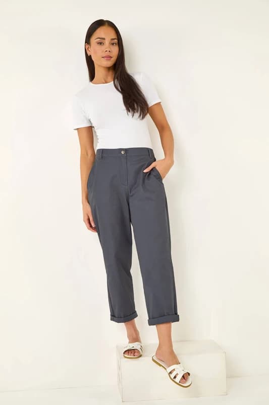 Roman Womens Petite Cotton Blend Stretch Chino Trousers in Charcoal Size: 16 Charcoal Female 16