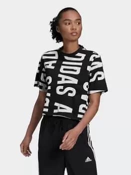 Adidas Essentials Oversized Allover Print Cropped T-Shirt