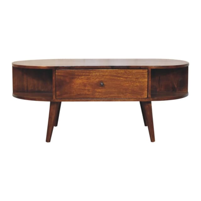 Artisan Furniture Artisan Furniture Solid Wood Chestnut Oval Coffee Table, 1 Drawer and 2 Open Slots, Dark Brown