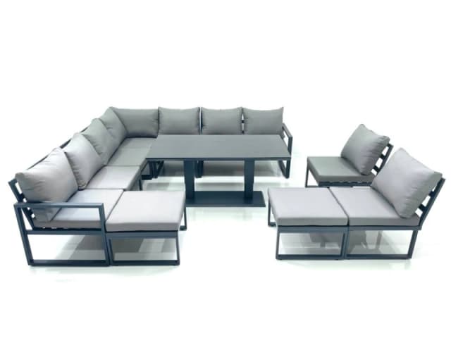 Fimous 11 Seater Outdoor Aluminum Garden Furniture Set Corner Sofa 2 Big Footstools Rising Lifting Dining Table Sets Dark Grey Dark Grey Unisex
