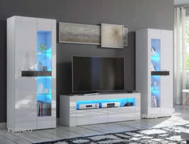 Furneo High Gloss & Matt White Living Room Set TV Stand Display Cabinets Milclif 13 Blue LED Lights