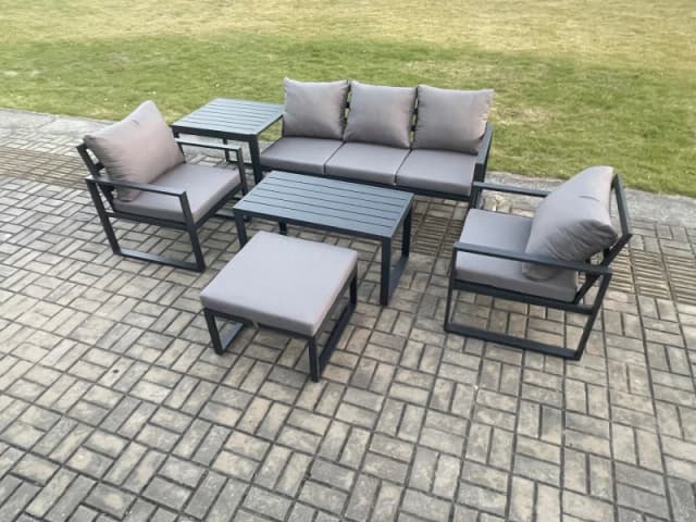 Fimous Aluminium Outdoor Furniture Set 6 Seater Garden Sofa with Oblong Coffee Table Big Footstool 2 Armchairs Side Table Dark Grey Dark Grey Unisex