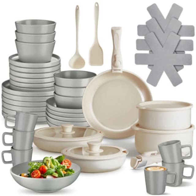 tectake Kitchen starter set for 6 people with crockery, pots etc., grey/white, 46 pc, Grey 406676
