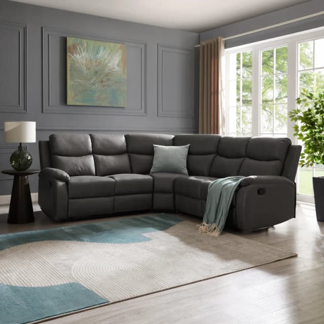 Home Detail Selby 5 Seater Corner L-Shaped Manual Recliner Sofa Grey Faux Leather Grey