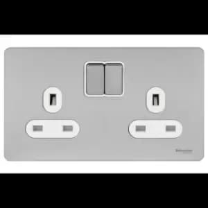 Schneider Electric Ultimate Screwless Flat Plate - Double Switched Power Socket, 13A, GU3420WSS, Stainless Steel with White Insert