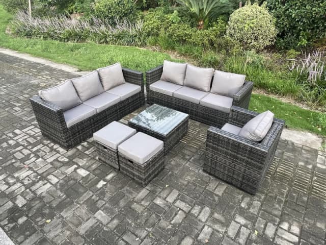 Fimous Rattan Garden Furniture Sofa Set with Armchair Square Coffee Table 2 Small Footstools Indoor Side Table Outdoor 9 Seater Dark Grey