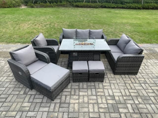Fimous 10 Seater PE Wicker Outdoor Rattan Garden Furniture Set Propane Gas Fire Pit Table and Sofa Chair set with 3 Footstools Dark Grey