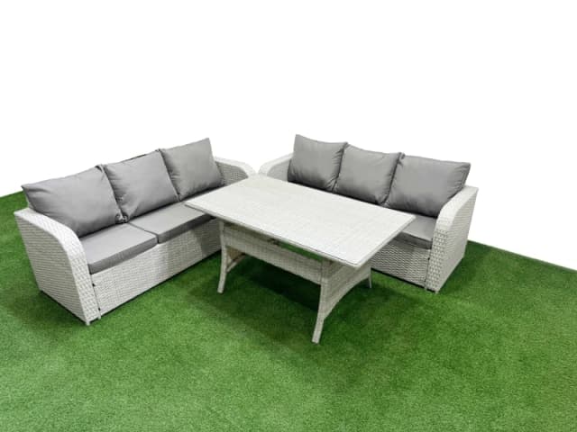 Fimous Outdoor Garden Furniture Sets 6 Seater Wicker Rattan Furniture Sofa Sets with Rectangular Dining Table high Back Lounge Sofa Light Grey Light G