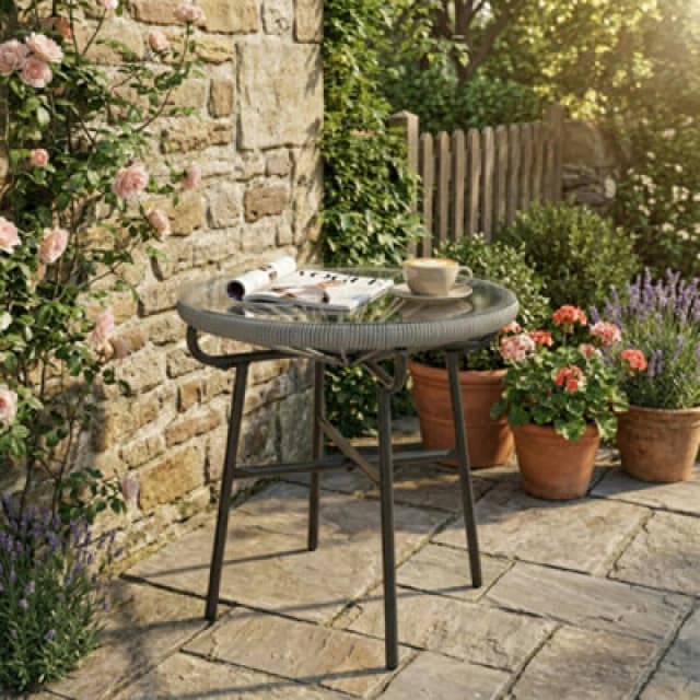 Outsunny Rattan Side Table W/ Tempered Glass Tabletop, Light Grey