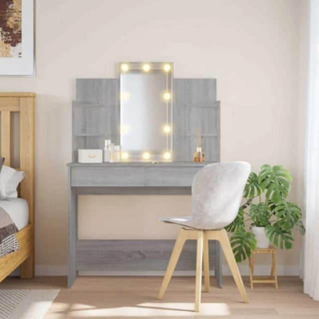 vidaXL Dressing Table with LED Lights Grey Sonoma 96x40x142 cm, Grey 837898
