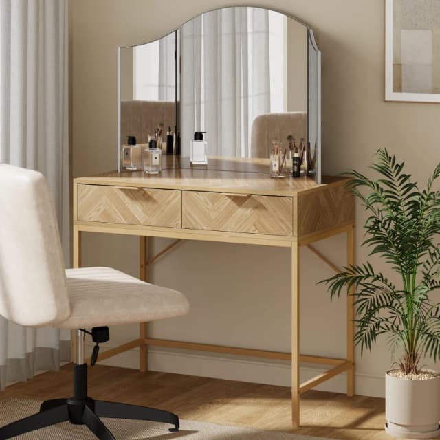 Vonhaus Dressing Table For Bedroom, Herringbone 2 Drawer Vanity Desk With Gold Handles & Legs, Chevron Makeup Table, Ducie