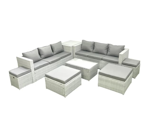Fimous 8 Pieces Rattan Garden Furniture Set Outdoor Garden Sofa Coffee Table Set with Side Table 4 Footstools Light Grey Mixed Light Grey
