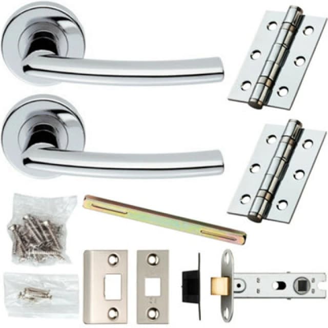 Loops Door Handle & Latch Pack Chrome Modern Curved Slim Bar on Screwless Round Rose Multi