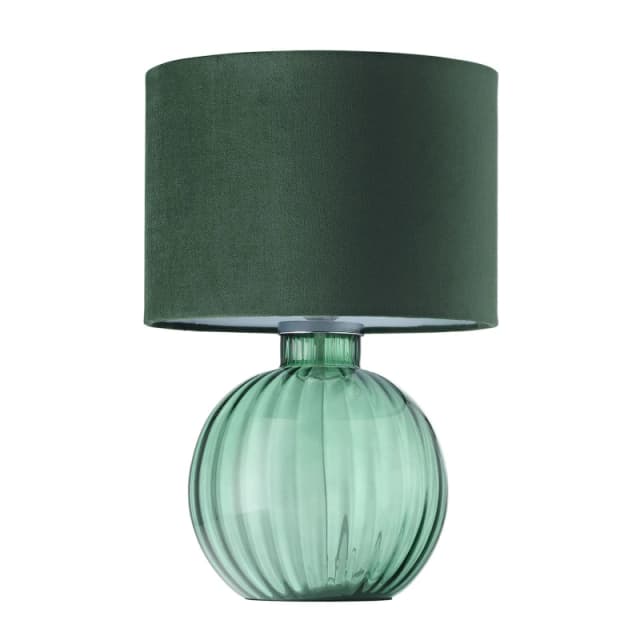 Happy Homewares Contemporary Ribbed Glass Table Lamp with Velvet Fabric Shade in Dark Green Dark Green Unisex