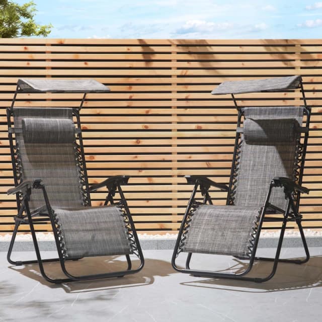 Vonhaus Zero Gravity Chairs Set Of 2, Grey Reclining Sun Loungers For Garden, Textilene Folding Garden Chairs, Adjustable Canopy