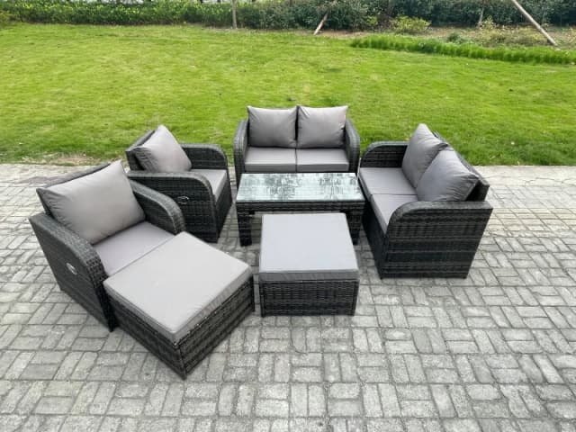 Fimous 8 Seater Rattan Wicker Garden Furniture Patio Conservatory Sofa Set with Rectangular Coffee Table Reclining Chair Love Sofa 2 Big Footstool Dar