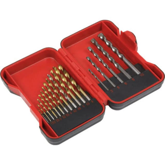 Loops 17 Piece Drill Bit Set - 12 Titanium Coated HSS & 5 Tungsten Steel Masonry Bits Metallics