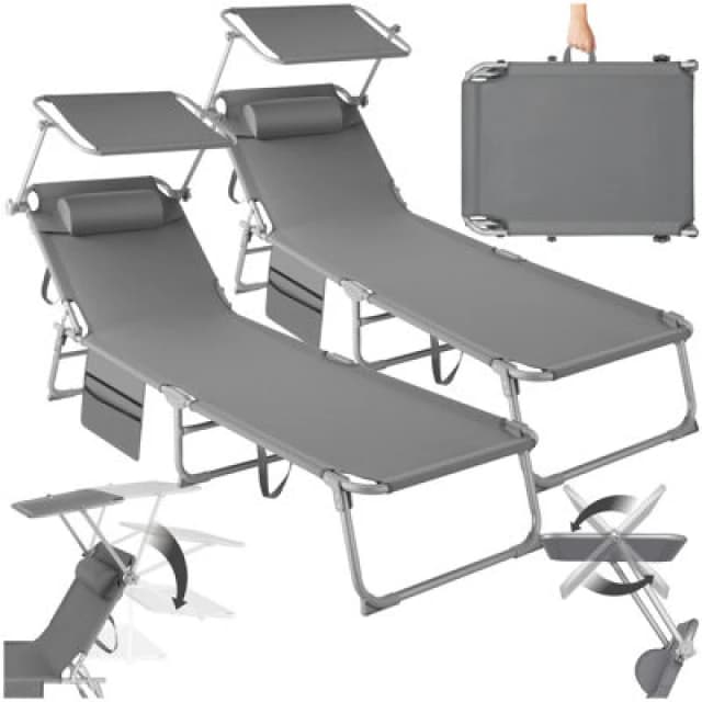 Tectake 1 Set Of 2 Sun Loungers - Foldable, Adjustable Sun Canopy - Grey