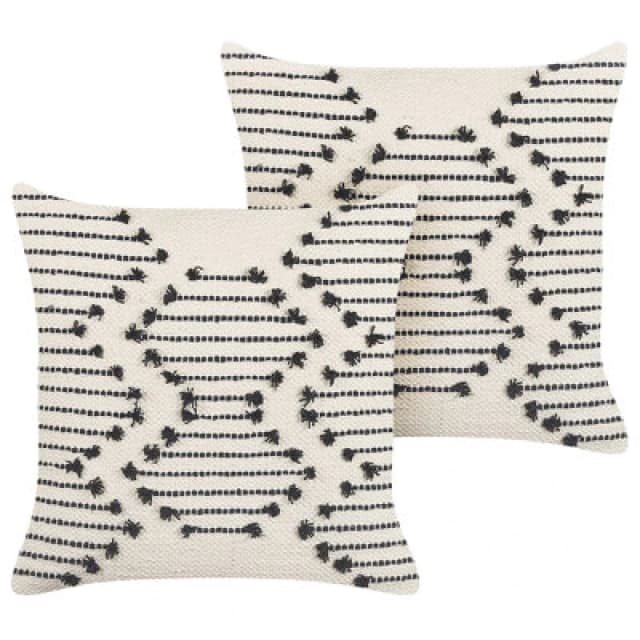 Beliani Set Of 2 Decorative Cushions Myrtus Cotton 45 X 45cm Beige Geometric Pattern