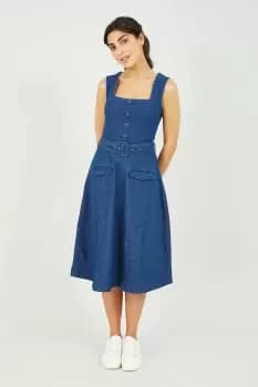 Blue Denim Stretch Fit And Flare Dress