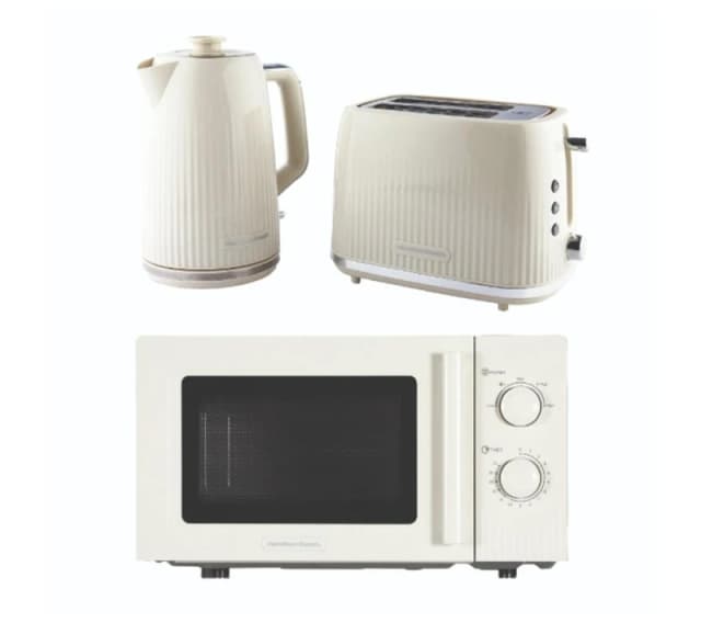 HAMILTON BEACH Miami HBMIAKSCH Solo Microwave, Electric Kettle & 2-Slice Toaster Bundle - Sand, Cream 5060916373143