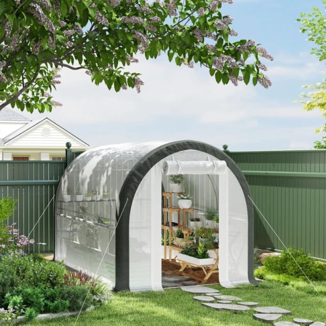 Outsunny Walk-in Tunnel Greenhouse - Upgraded Structure - Mesh Door & Windows - 296cm TJ Hughes White 5061025113255