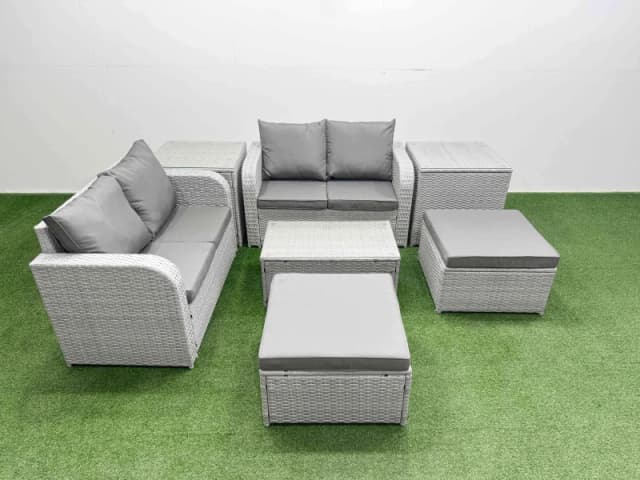 Fimous 6 Seater Outdoor Love Sofa Set Rattan Garden Furniture Set with Rectangular Coffee Table 2 Footstool 2 Side Tables Light Grey Light Grey