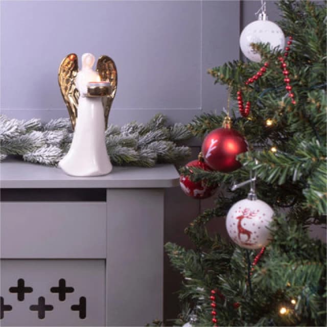 Netagon Netagon Ceramic Christmas Festive Winged Angel Tealight Holder Ornament - Gold White